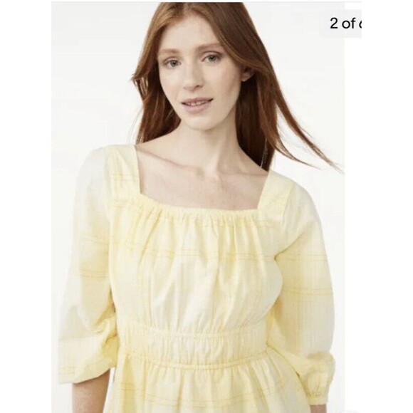 Free Assembly 3/4 Sleeve Square Neck Top Peplum Hem Cadmium Yellow Plaid Size XL - Picture 2 of 14